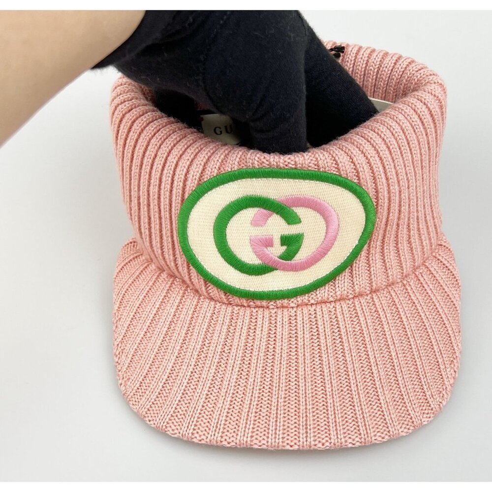 NWT Gucci Knitted Vistor Wool Embroidered Patch Head In Pink Hat Size S - Picture 2 of 13